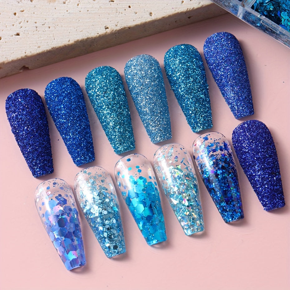 FULL BEAUTY Sparkly Blue Nail Glitter Set: 12 Grids of Shimmering Blue Sequins, Diamond Chrome, Fine Powder, Dust, Chunky Flakes, and Paillettes for DIY Manicure Decoration